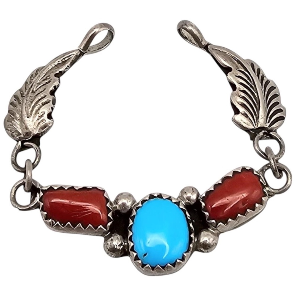 Vintage Navajo Coral Turquoise Sterling Leaf Pendant